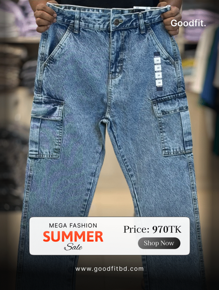 Men’s Premium Baggy Cargo Jeans Pant – Relaxed Fit (Stonewash Blue)